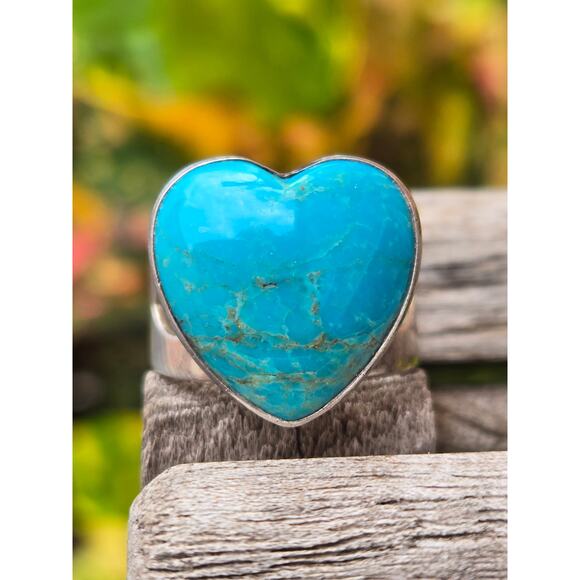 Vintage Jay King Desert Rose Trading Sterling Silver Turquoise Heart Ring, Sz 10 - Picture 1 of 10